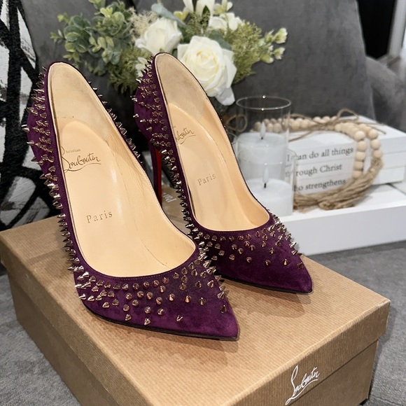CHRISTIAN LOUBOUTIN Suede Velour Studded Spike Pumps 36 6 100 High Heels Merlot - Picture 7 of 10